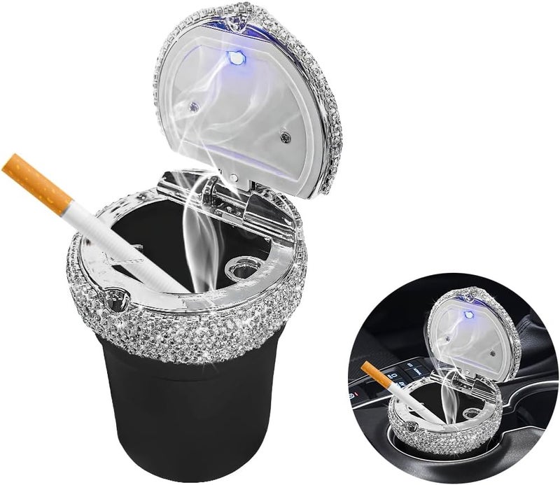 MUQIDA Car Ashtray with Lid, Bling Portable Ash Tray Cup Holder with LED Light Indicator, Sparkle Cigarette Smokeless Cylinder Ash Holder for Vehicle Home Office, Car Accessories (Black) - Image 1
